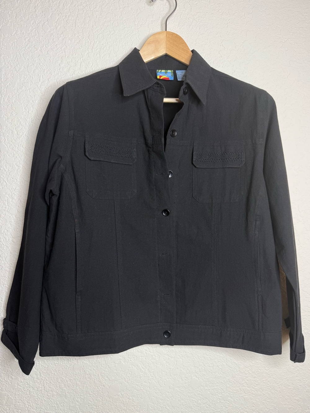 Vintage 90’s Style Black Cotton Crochet-Trim Peartree Point Bay Jacket Size S